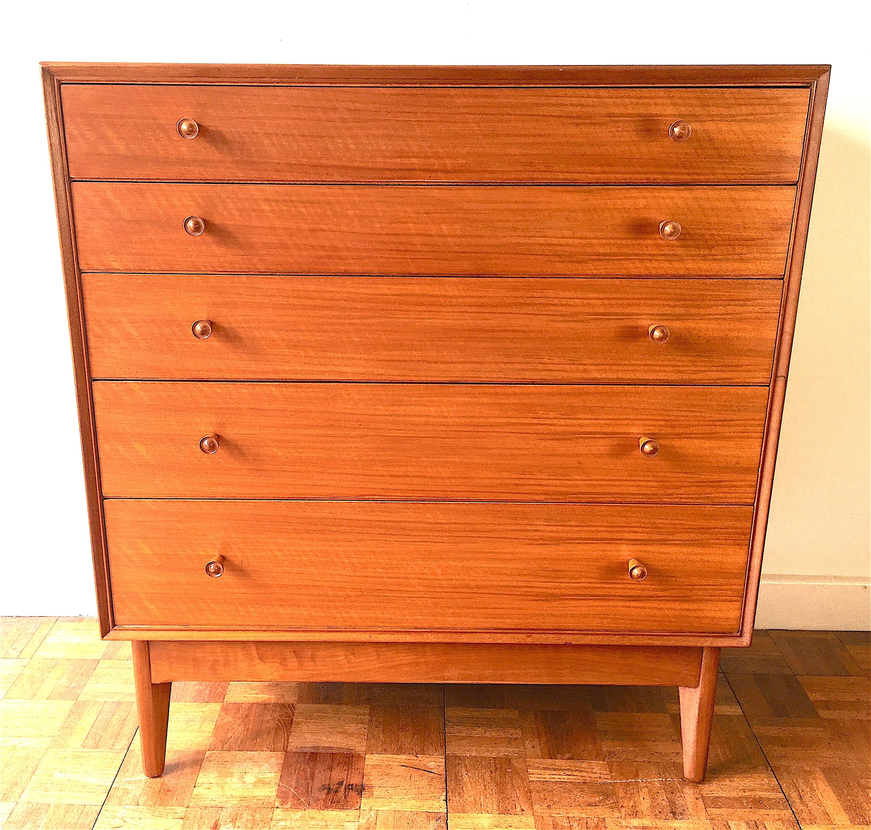 A mid century Alfred Cox for Heals walnut chest of five drawers, width 83cm depth 46cm height 93cm